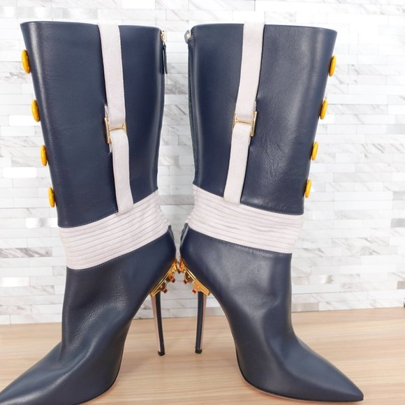 Italian Leather Boots 10 Knee High‎ Swarovski Gold Crown Quite Luxury Blue $1288 - Picture 9 of 16